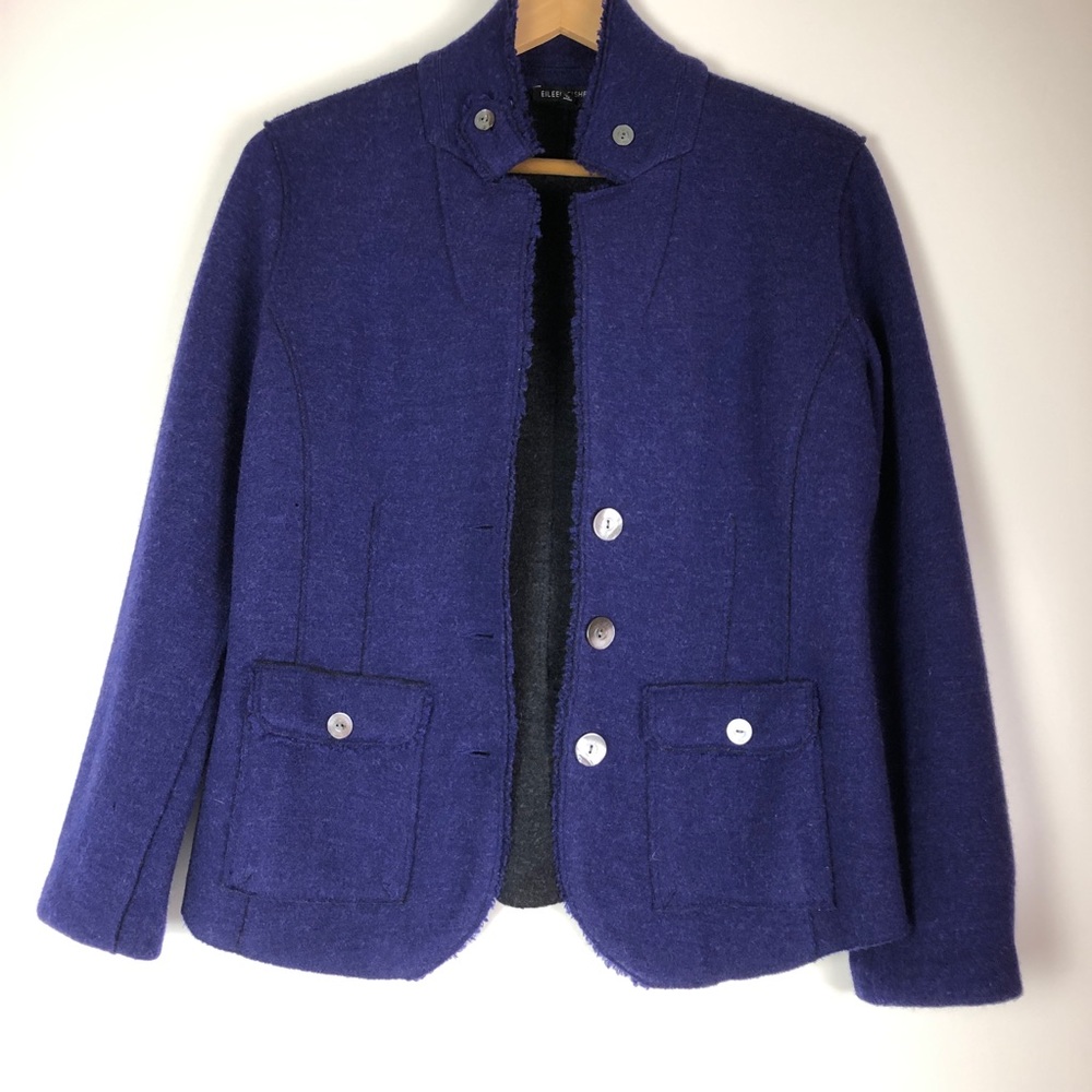 Eileen Fisher Blue Merino Wool Mix Felted Blazer